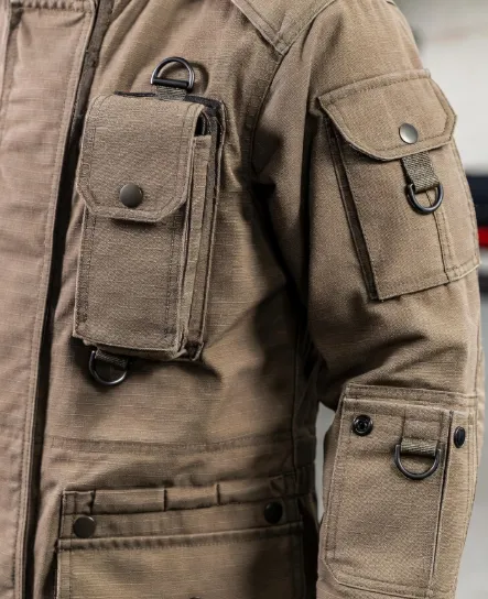 Custom equipment integration on firefighter uniform with radio pocket and tool attachments